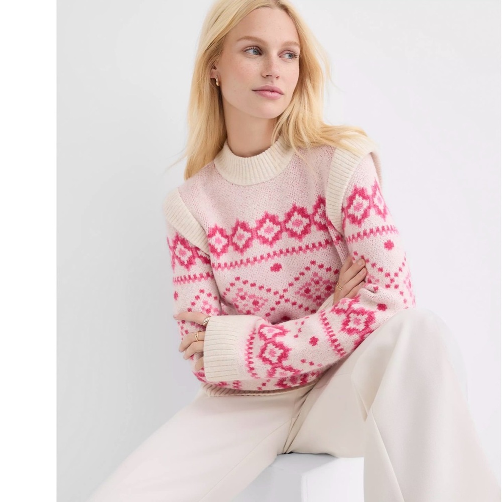 Fair Isle Shoulder Trim pink Sweater net size M